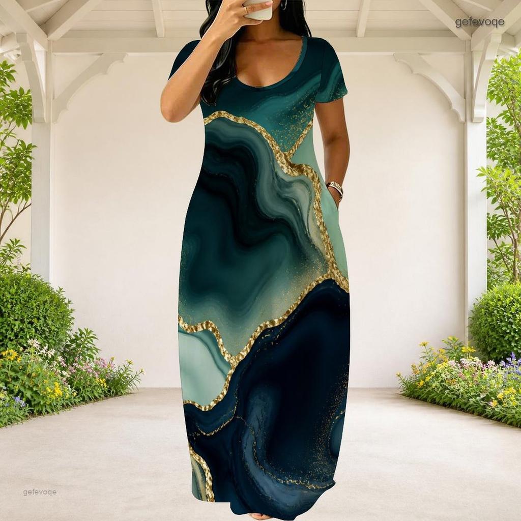 Women Plus Size Round Neck Short Sleeve Printed Loose Maxi Dress With Side Pockets
