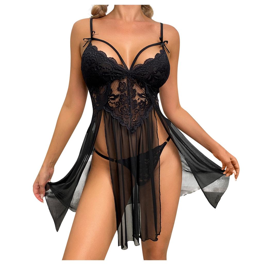 Women's Lace Panel Split Nightdress and Panty Set Adjustable Straps Sheer Mesh Fabric Soft Material Comfortable Fit Sleepwear