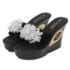 Fashion 2025 Womens Slippers Creepers Shoes Platform Bowknot Rhinestones Crystal Wedge Super 13CM High Heel New Summer Hollow Black