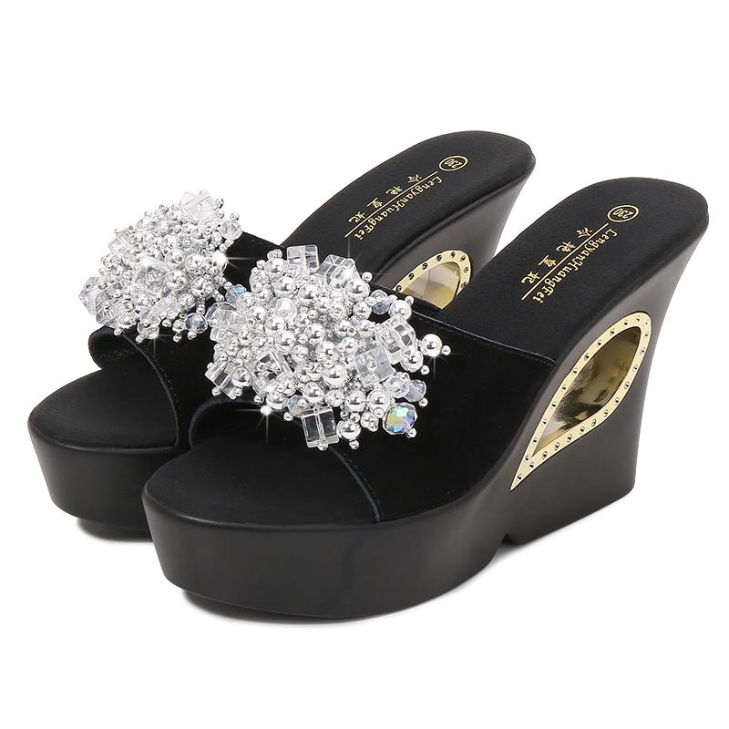 Fashion 2025 Womens Slippers Creepers Shoes Platform Bowknot Rhinestones Crystal Wedge Super 13CM High Heel New Summer Hollow Black