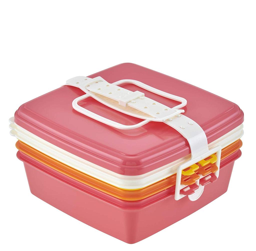 Palmart Large Bento Box, Pink, Large, Stackable Picnic Case, Square, 3 Tiers, Colors 4059