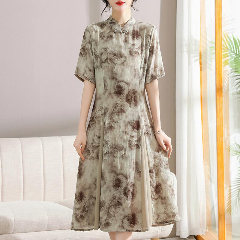 2026 Summer Chiffon Print Qipao: Stylish Short-Sleeve Dress for Middle-Aged & Elderly Women