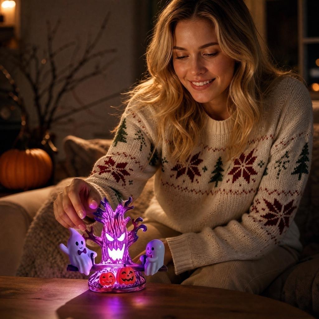 Halloween Seesaw Night Light, Colorful Glowing Resin Tree Pumpkin Decor for Bedroom Desk Fall Decoration