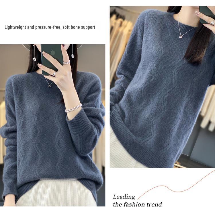 Women's Thickened Autumn-Winter Cable Knit Wool Sweater – Round Neck Cashmere Pullover.