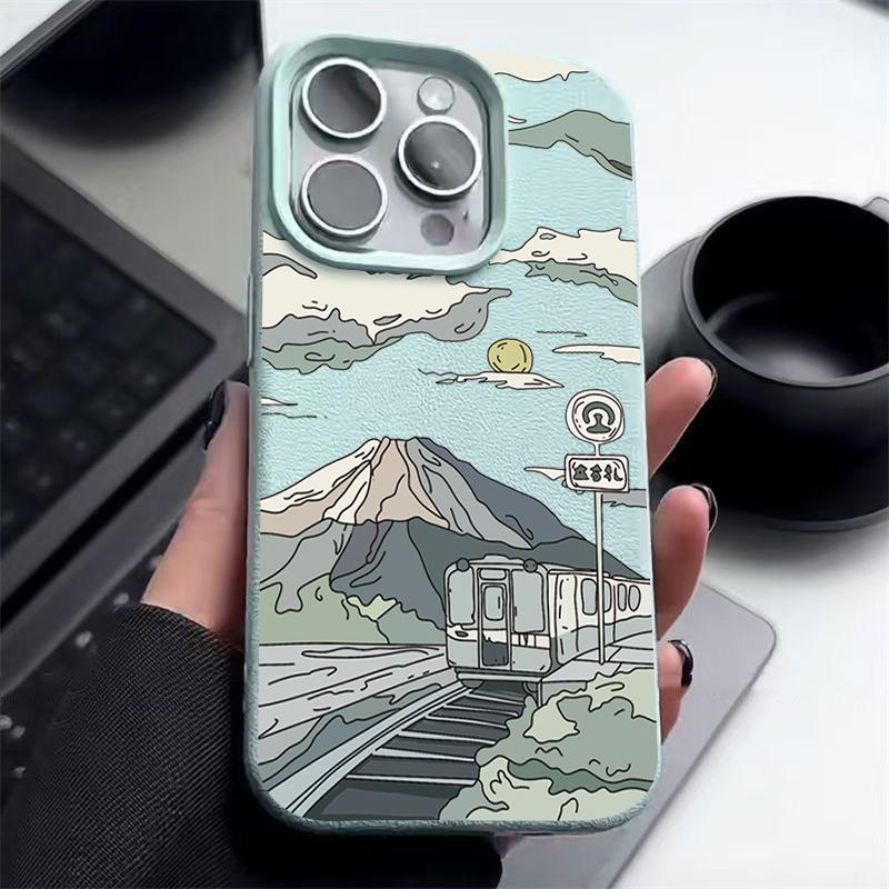 Mountain Pattern Matte Slim Phone Case For iPhone 16 17 Pro Max 15 Pro 14 13 12 11 17 Leather Texture Shockproof TPU Soft Bumper Cover