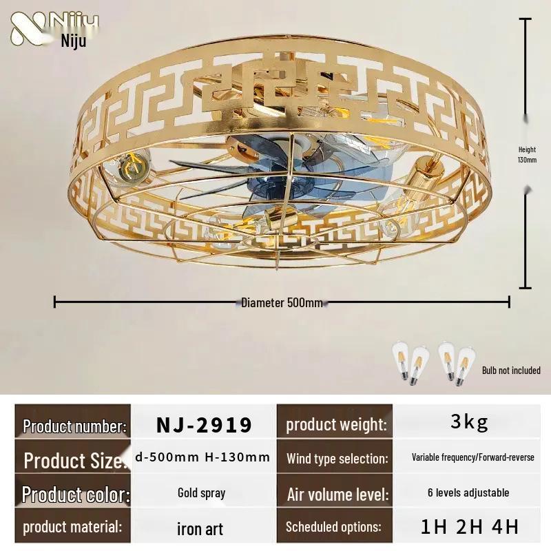 Retro Industrial Style Remote Control Ceiling Fan with Invisible Light and Wrought Iron Finish