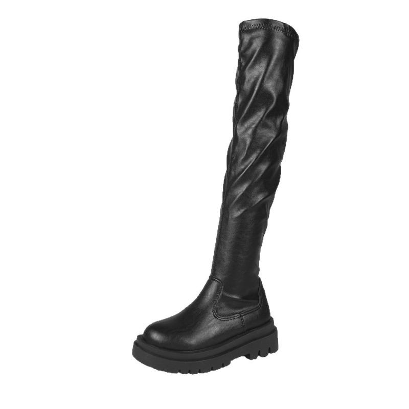 Plus-size Shoes, Knee-length Thick-soled Long Boots, Round-toe Slimming High-top Elastic Boots, Women's Shoes