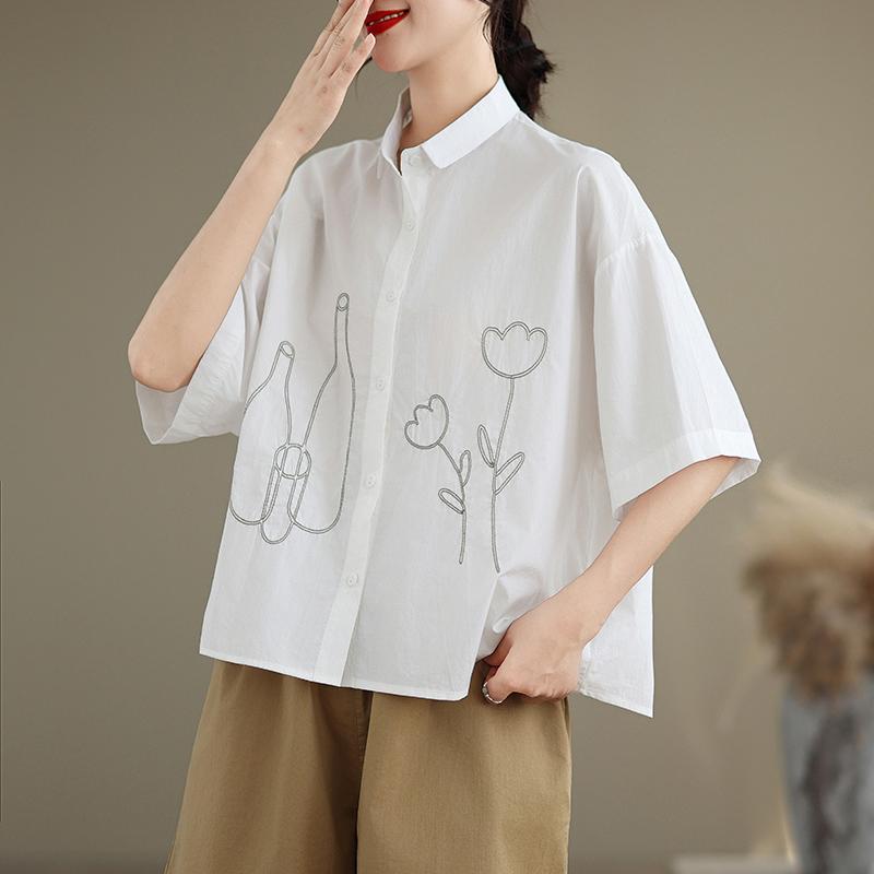 DIMANAF 2026 Women Plus Size New Summer Blouse Shirt Short Sleeve Embroidery Casual Loose Lady Tops Shirts Cotton