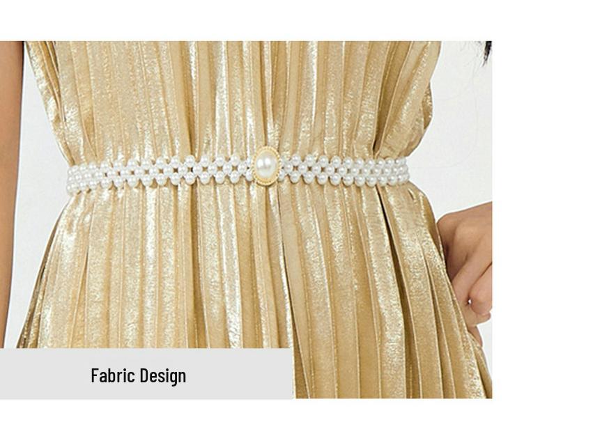 Miyake Skirt: Luxurious Textured Mid-Length Gold V-Neck Dress with Belly-Covering Loose Fit