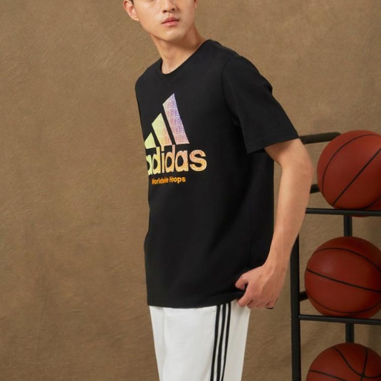 Adidas Logo Print Round Neck Basketball Short Sleeve T-Shirt Men Tops Black HC6902