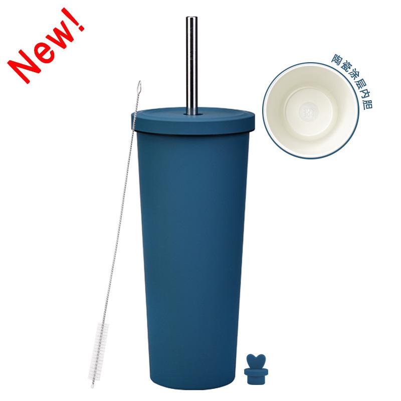2025 Ceramic Liner Milk Tea Cup Large Capacity 830Ml Thermos Cup Stainless Steel Straw Cup