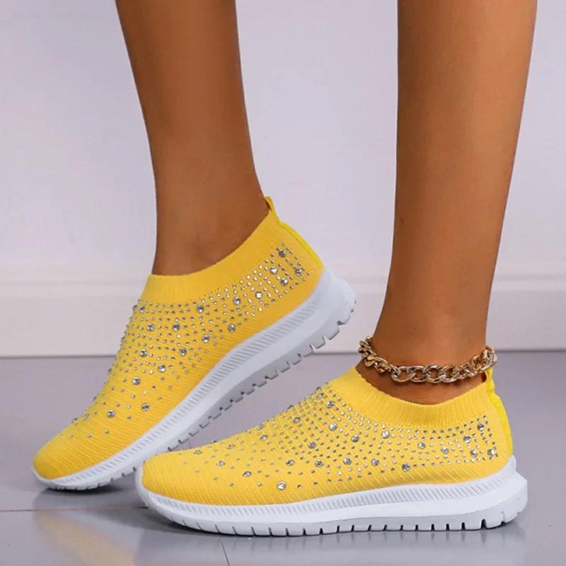 Fashion New Shining Crystal Flats Women Spring Breathable Knit Platform Sneakers Woman Comfortable Soft Bottom Non-slip Sports Shoes