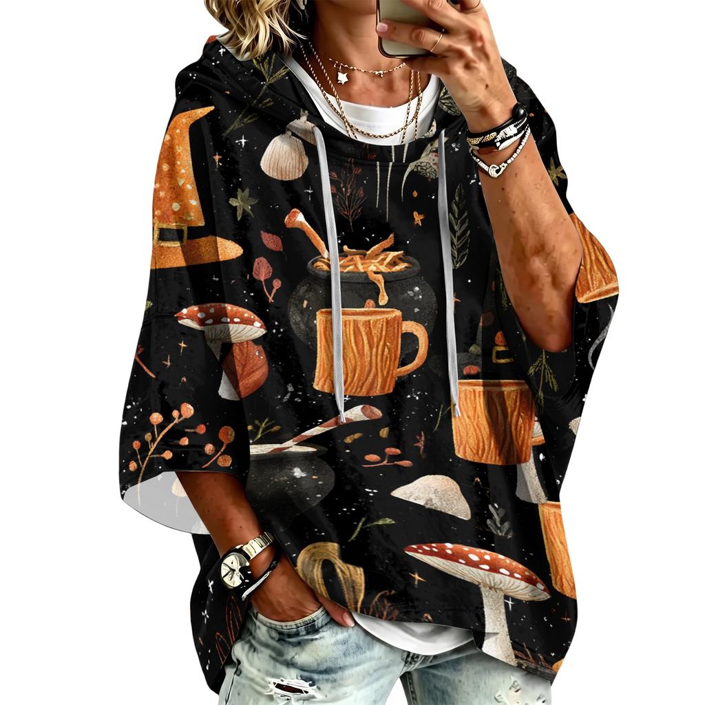 Women's Halloween Printed Hoodie 3/4 Sleeve Pullover Casual Tunic for Party