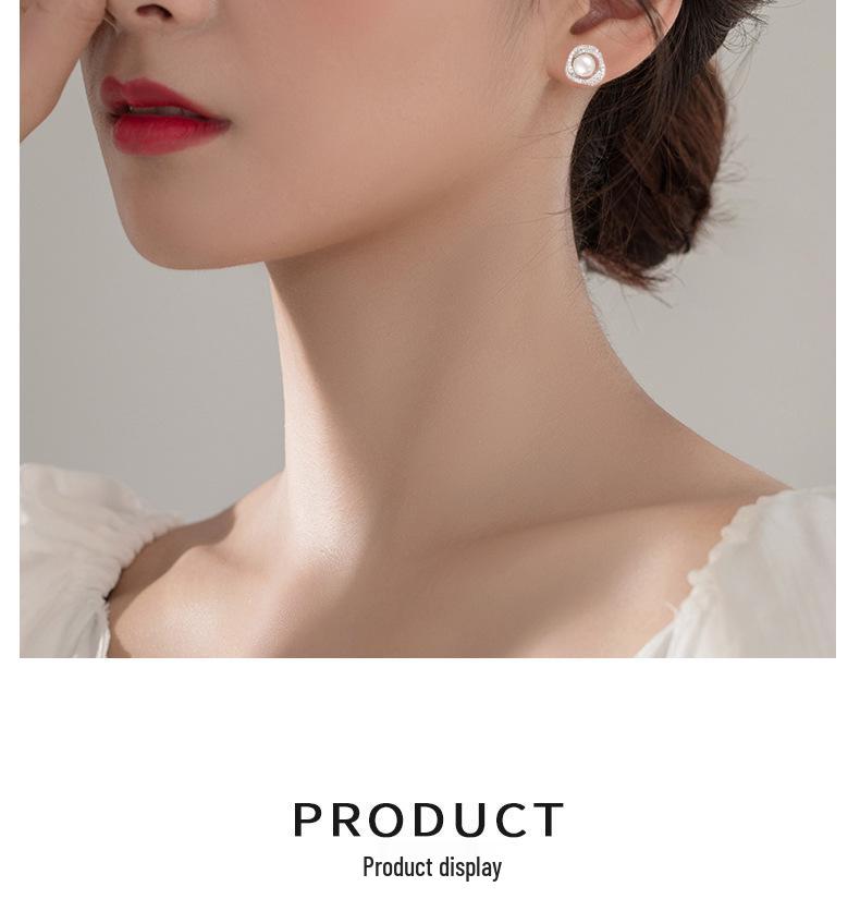 S925 Sterling Silver Diamond-Inlaid Rose Pearl Stud Earrings - Women’s Japanese Korean Niche Luxury, Comfortable for Sleeping with Pierced Ears