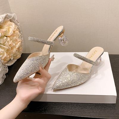 Spring and Summer Pointed with Baotou High-heeled Sandals Rhinestone Leopard Wear Women Slippers  Women Sandals