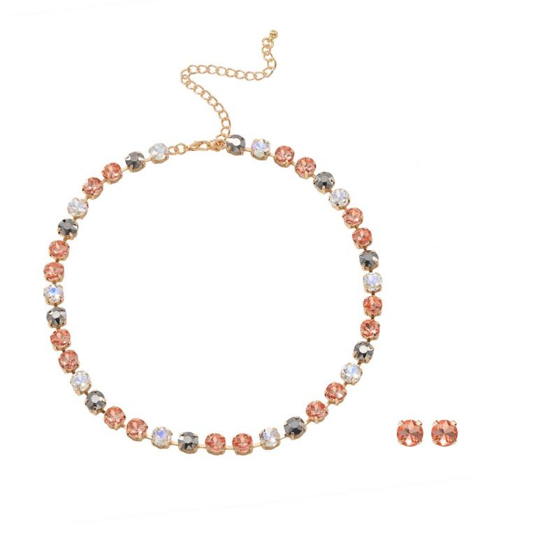 Geometric Rhinestone Necklace Earrings Set Women Rose Gold Alloy Fashion Statement Jewelry 2025 Gold-plated