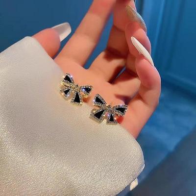 2022 Women's Black Rhinestone Bow Earrings: French Chic, Simple, Trendy, Lightweight Luxury Studs