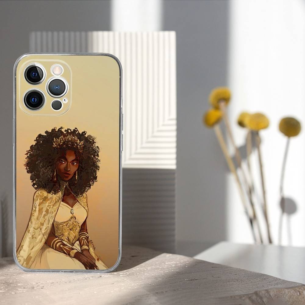 Afro Black Girl Cute Cartoon Phone Case For iPhone 17,16,15,14,13,12,11 Pro,Max,Plus,X,XS,XR,SE4,E Mini Transparent Soft Cover
