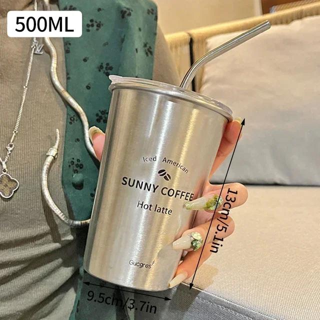 New  Stainless Steel Coffee Mug with Straw Lid Portable Coffee Cup Drinking Beer Milk Water Cup Restaurant Bar Party 500ml