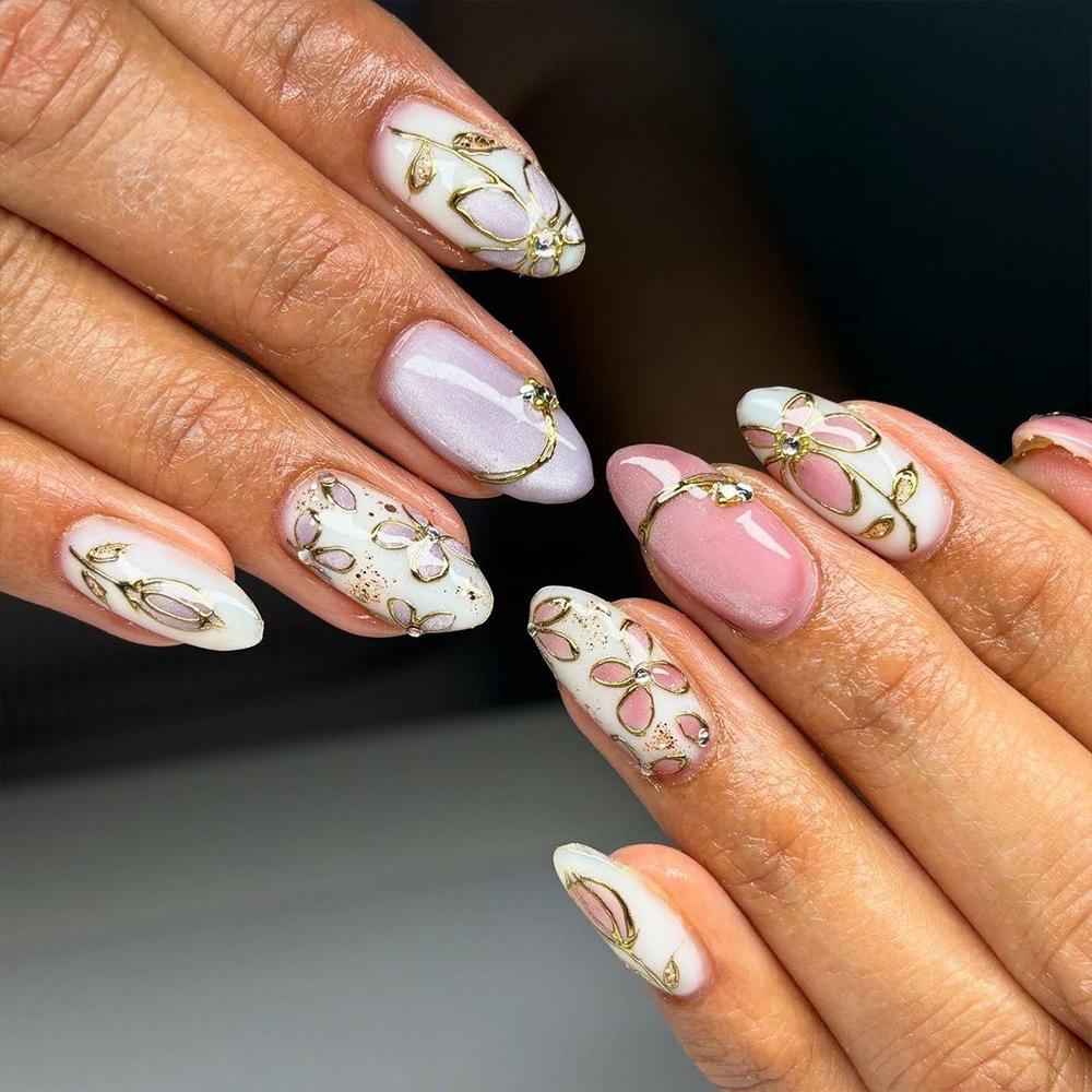 24 Stück Y2K Romantisch Blauverlauf Französische Spitze Gold Mond Stern Mandel Press-On Nägel Falsche Nagelspitzen für Damen