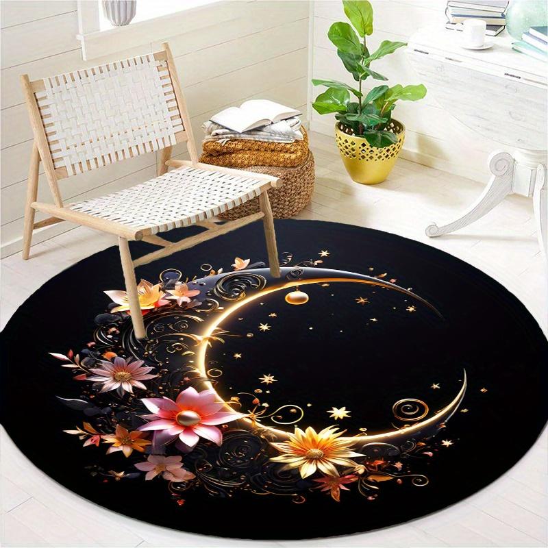 Flower Black Moon Round Rug Nonslip Area Rug Office Chair Mat Carpet For Living Room Bedroom Home Decor