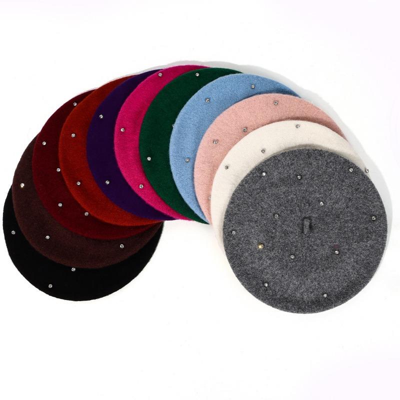 Women S Wool Beret Hat With Rhinestones Vintage Multi Color Face Slimming