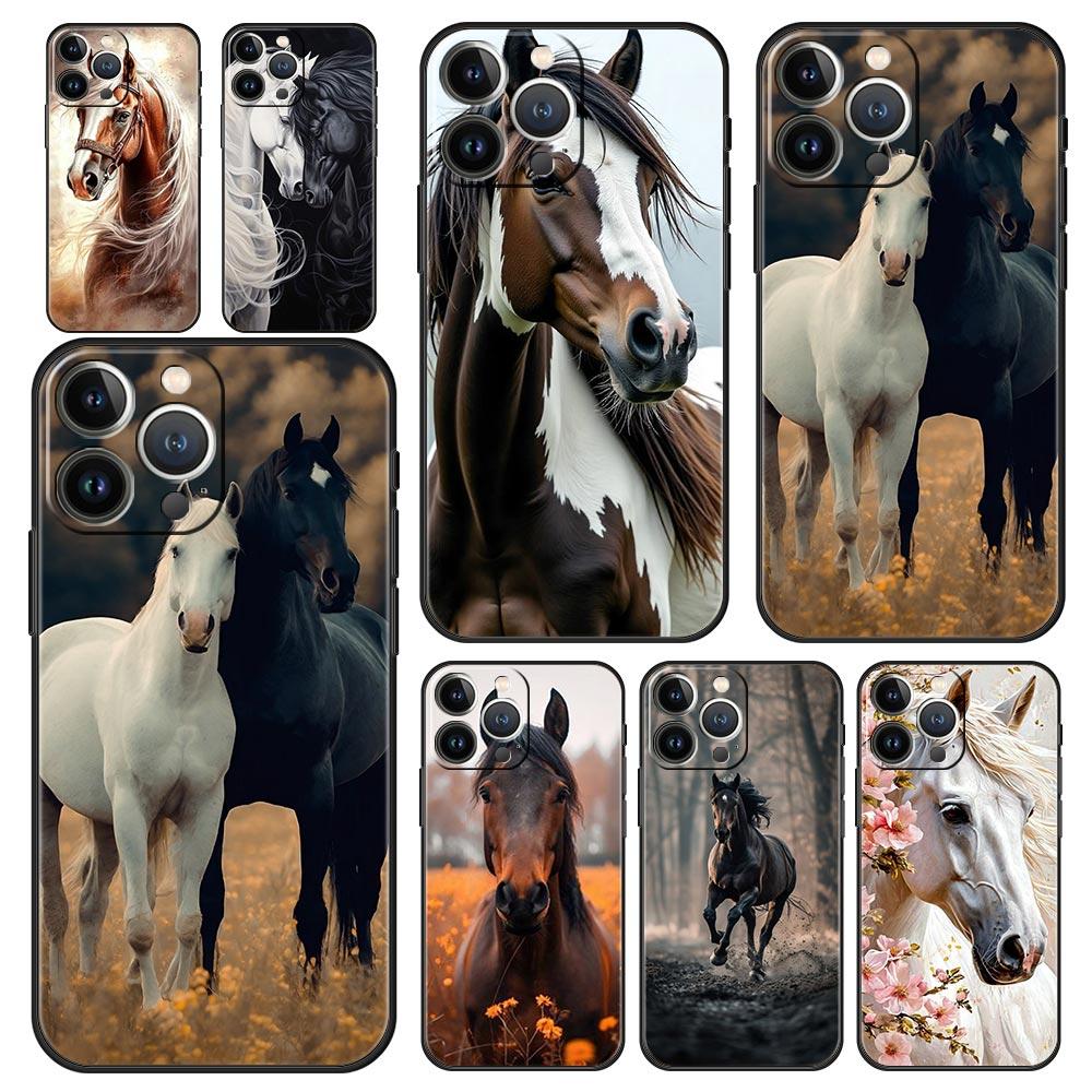Black White Horses Galloping Phone Case For iPhone 16e 15 14 13 12 11 Pro Max XS X XR SE 7 8 Plus Shell iPhone 16 Soft TPU Cover
