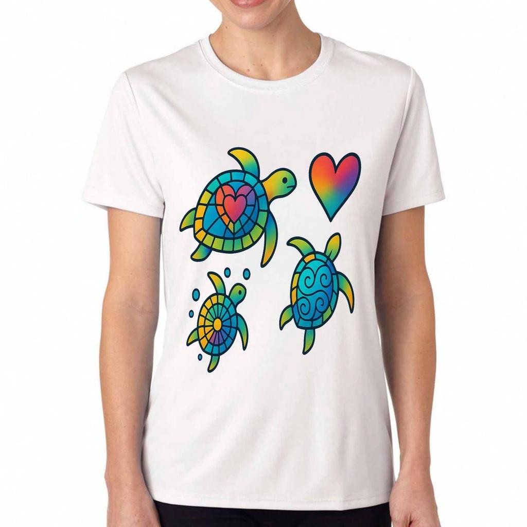 Rainbow Turtles & Heart Ladies Cotton T Shirt, Premium Cotton Graphic, Durable, Casual Fashion, Stylish Sea Turtle Lover Tee, Colorful Ocean Creature