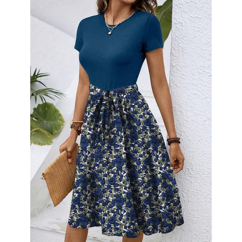 Women's Fashionable Retro Patterned Printing Color Blocked Belt Casual Dress