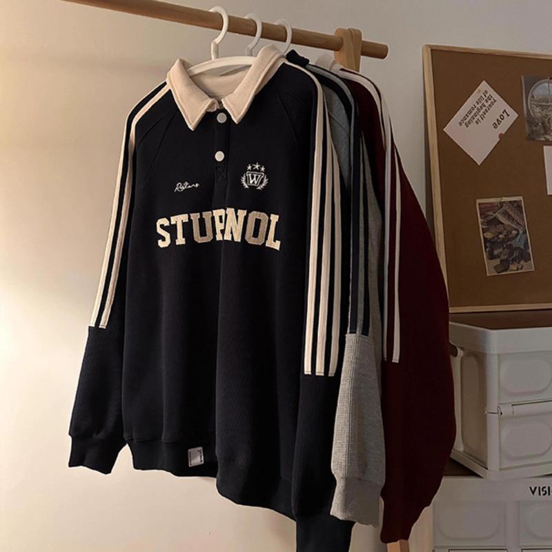 Men's 2025 Spring/Autumn Polo Sweatshirt - Hong Kong Style, Loose Fit, Retro College, Long-Sleeved Top.