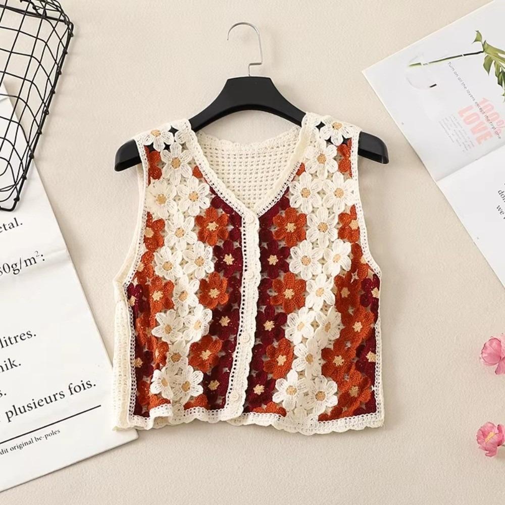Button-up Sleeveless Jacket Colorful Floral Waistcoat Top 2026 Openwork Vest  Short Cardigan