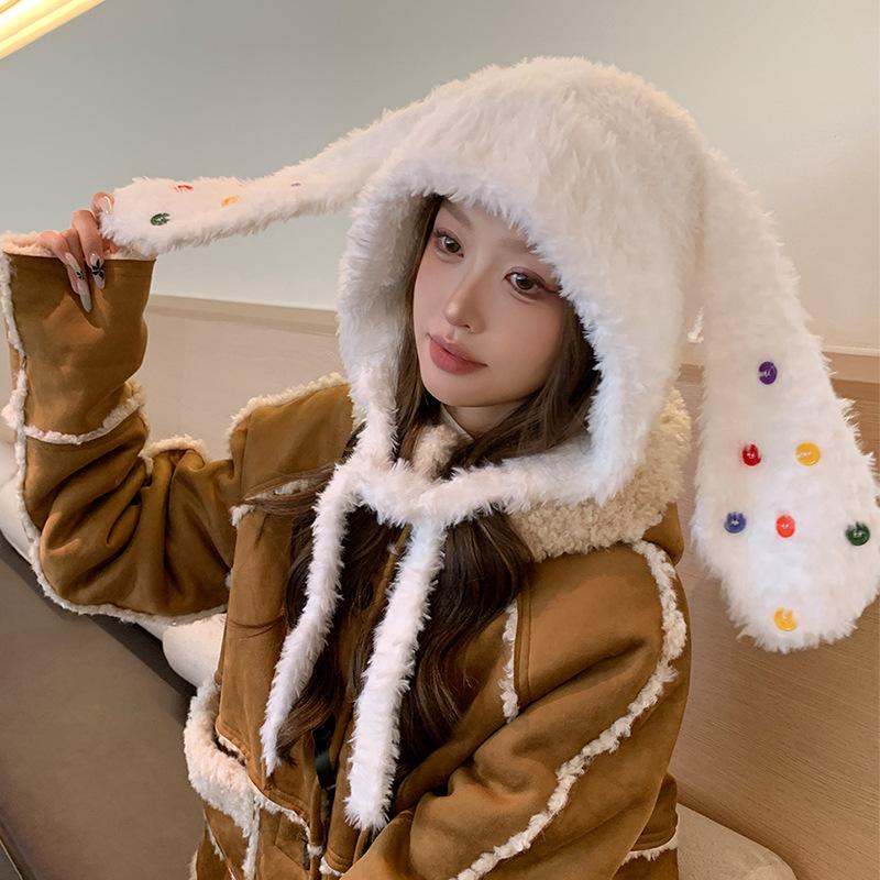 Winter outdoor thermal hat children plush cartoon cute rabbit ears cold protection ear protection knitted pullover hat tide