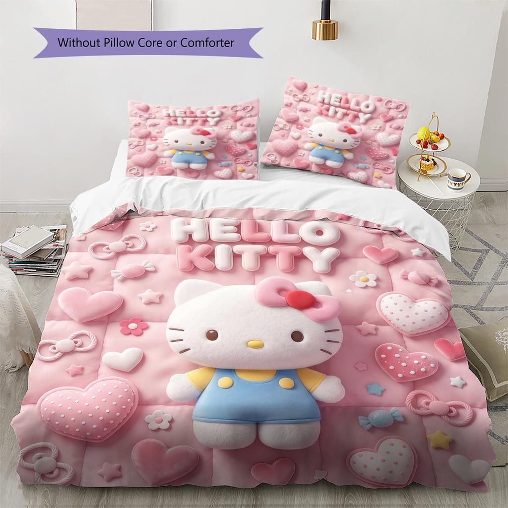 Hello Kitty Pink Pattern Bedding,Quilt Set Quilt Cover Pillowcase Home Birthday Gift(1 * duvet cover + 2 * pillowcase, without core)
