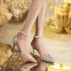 Summer Fashion Women's Pointed Toe Luxury Sequins Beaded Buckle Champagne Silver High Heel Sandals Party Wedding Shoes