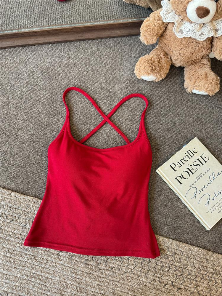 Back Lace-Up Cross Spaghetti Strap Camisole Built In Chest Pads Slim Crop Tank Top Black White Blue Wine Red Women Hollow Back Summer Sleeveless Vest