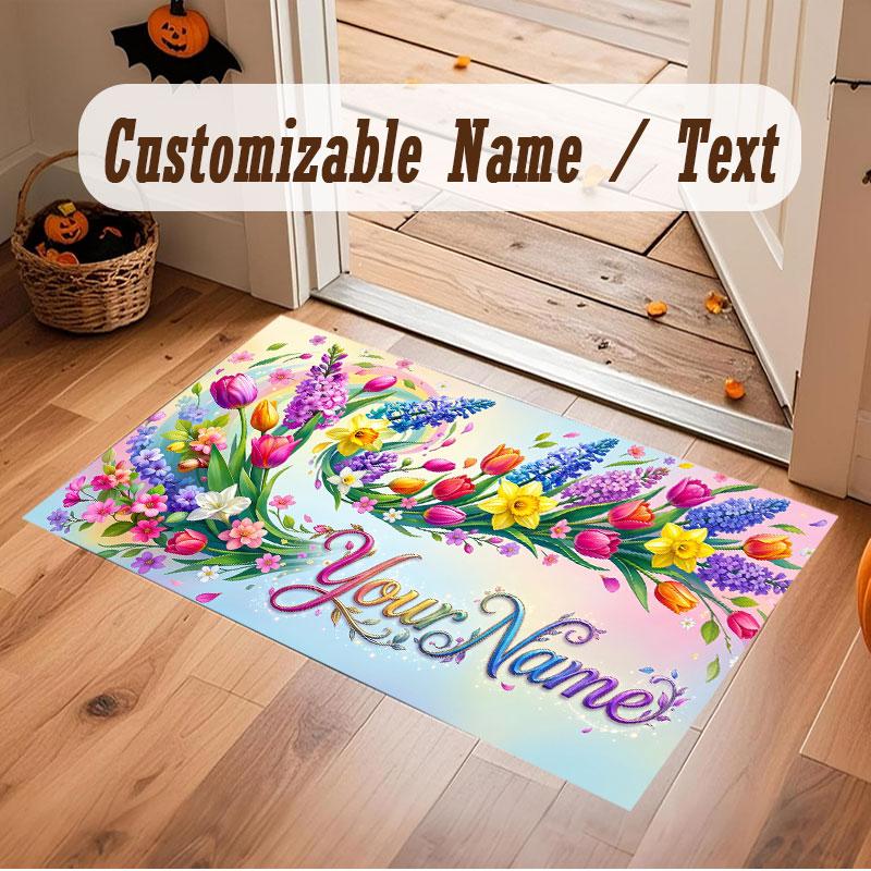 Floral Garden Theme Crystal Velvet Floor Rug Personalized Custom Name Text Warm Carpet Home Decoration