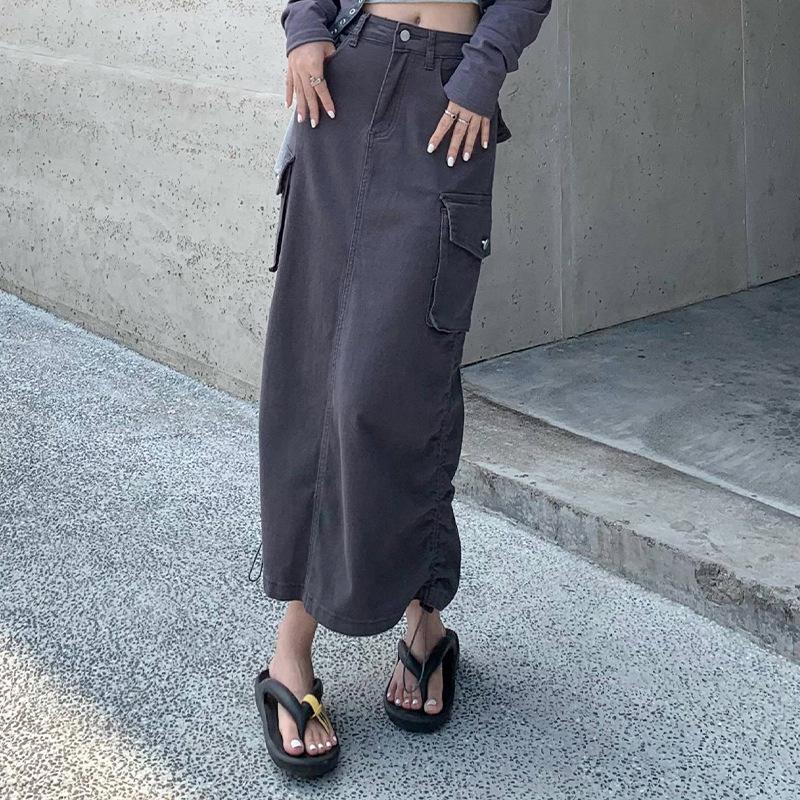 

2024 Осень Американская рабочая одежда карман джинсовая юбка, женская кулиска регулируемая длина А-силуэта длинная юбка XL серый