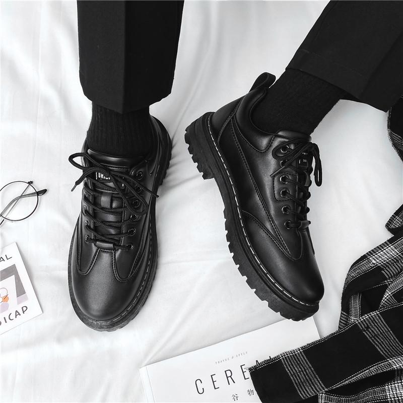 Black big head leather shoes winter business dress British style small leather shoes soft sole casual shoes autumn and winter