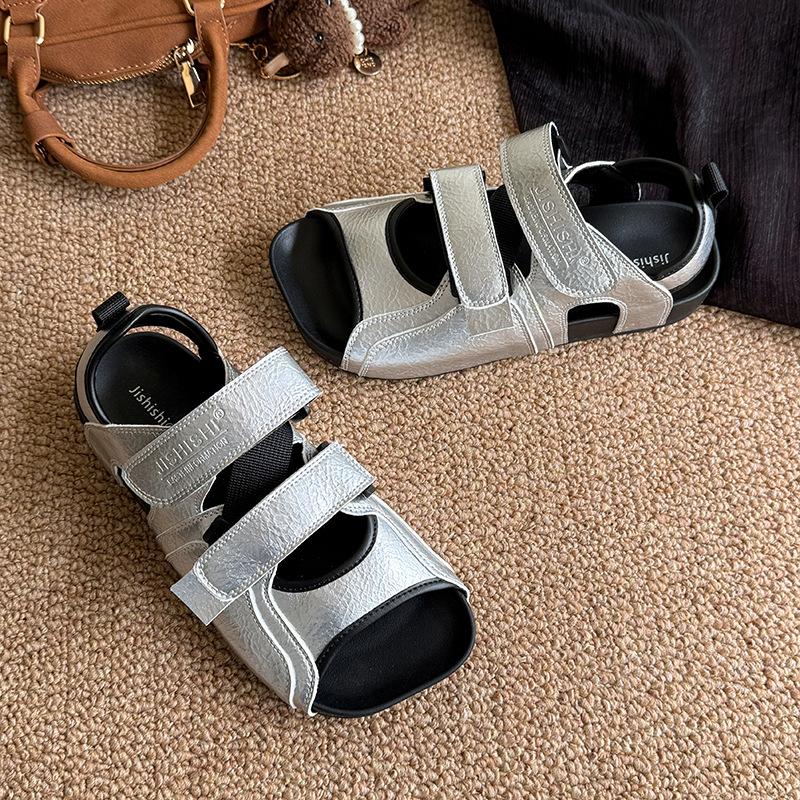 Niche Crooked Square Head Flat-soled Sandals Women's Summer Retro Versatile Flat-heeled Velcro Casual Beach Thick-soled Cool Slippers