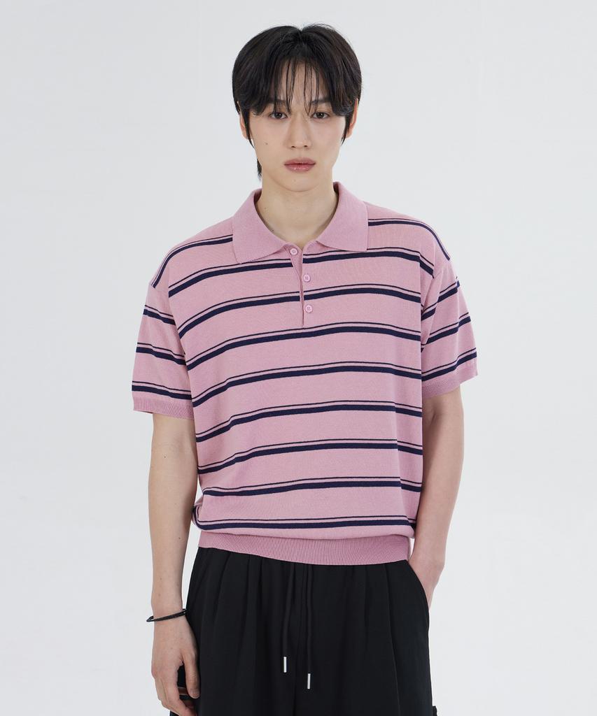 GLW [Unisex] Striped Collar Half Knit Pink