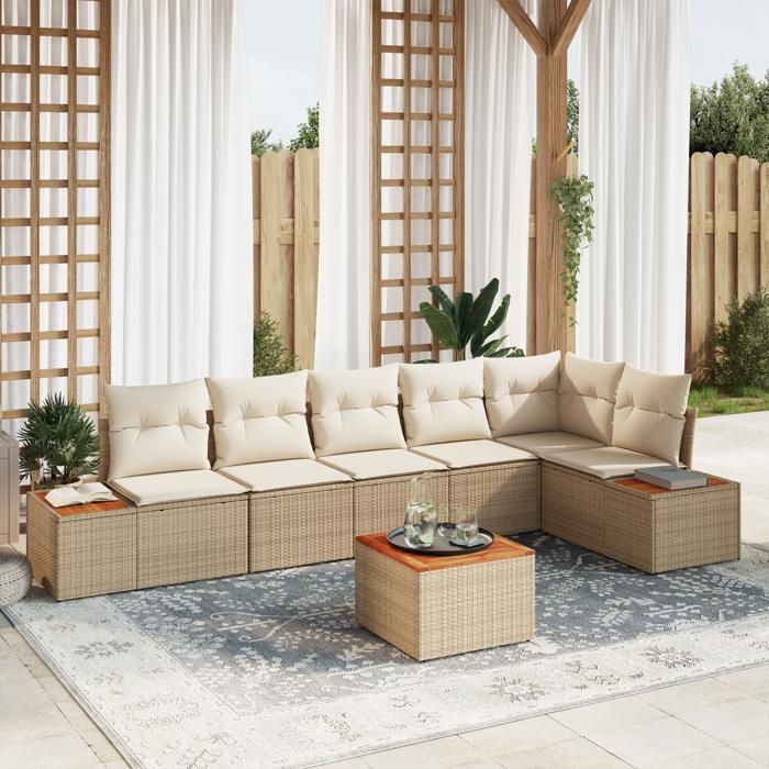 VidaXL Ensemble de Canapés de Jardin 7 Pièces avec Coussins Beige Poly Rattan Acacia 3348102