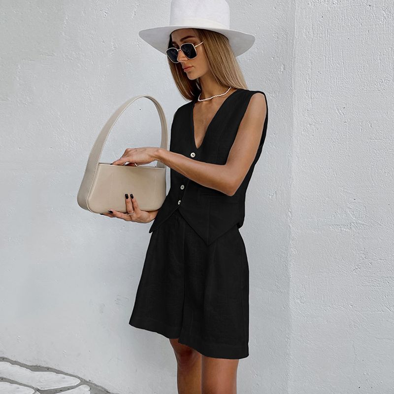 

Vest Suit Women s Casual Elegance Pure Cotton Breathable Solid Color and V-neck Vacation Suit Solid Color Black M (recommendations 105-115)