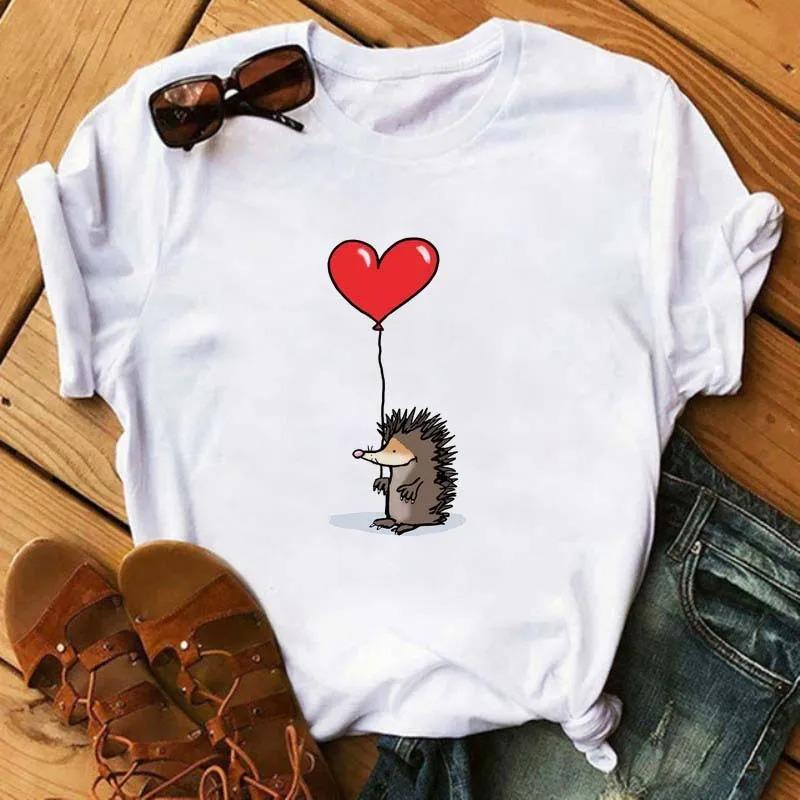 

Funny Hedgehog Holding Heart Balloon Print TShirt Casual Cotton Short Sleeve Tee for Couples Valentines Day Gift Vintage S