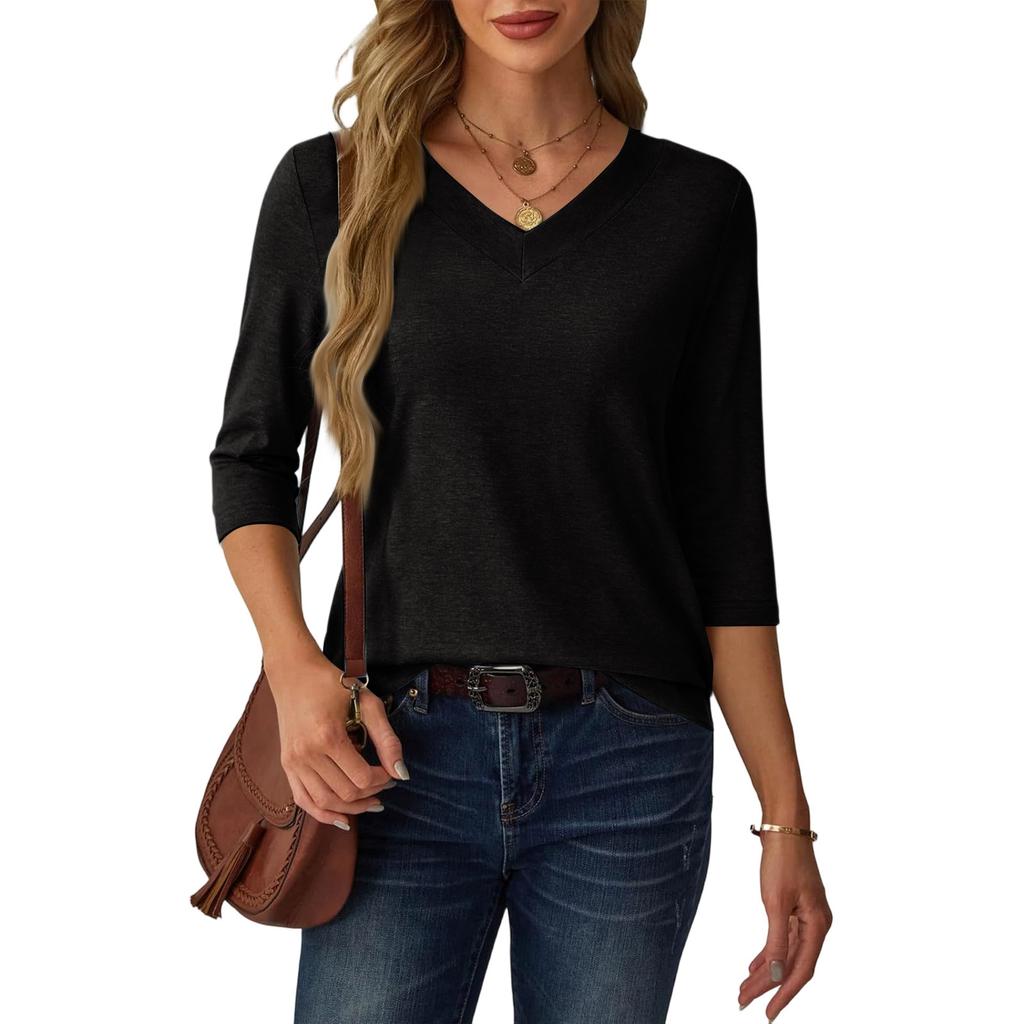 Women's Casual Loose Fit V Neck Pullover Top Three Quarter Sleeve Lightweight Blouse for Everyday Wear