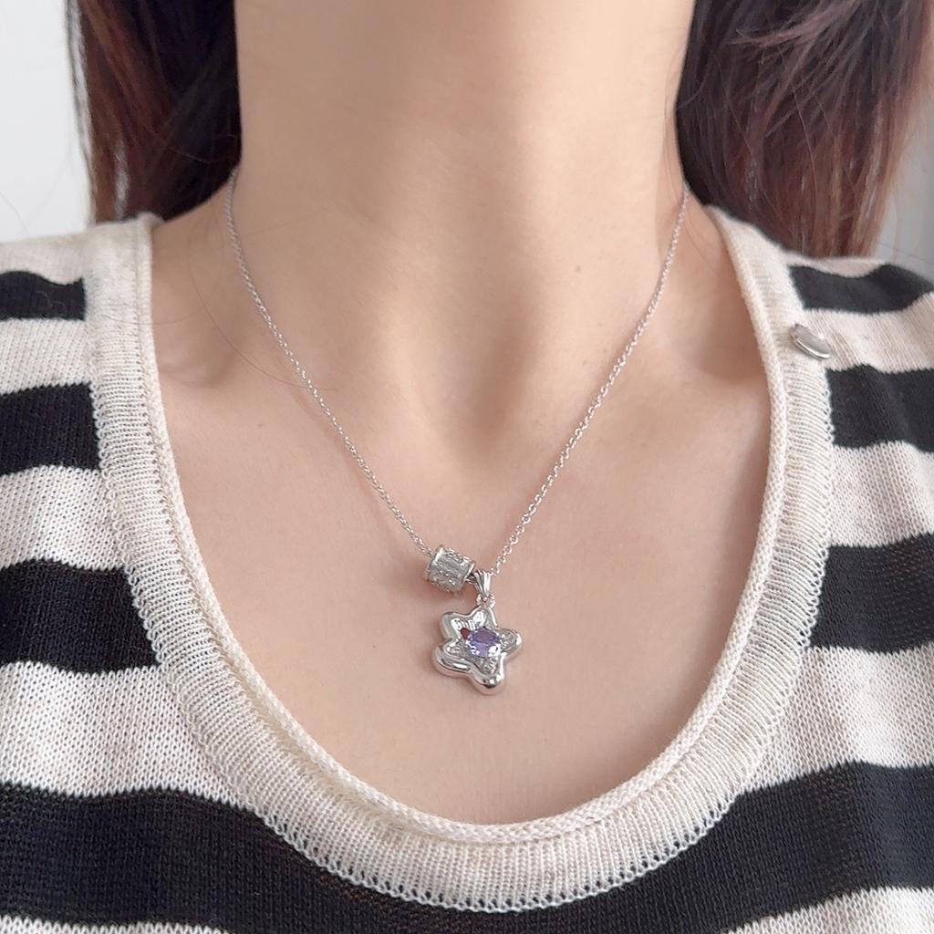 Purple Zircon Flower Pendant Necklace Light Luxury Silver Diamond Design Women'S Retro Elegant Fashion Accessories Jewelry