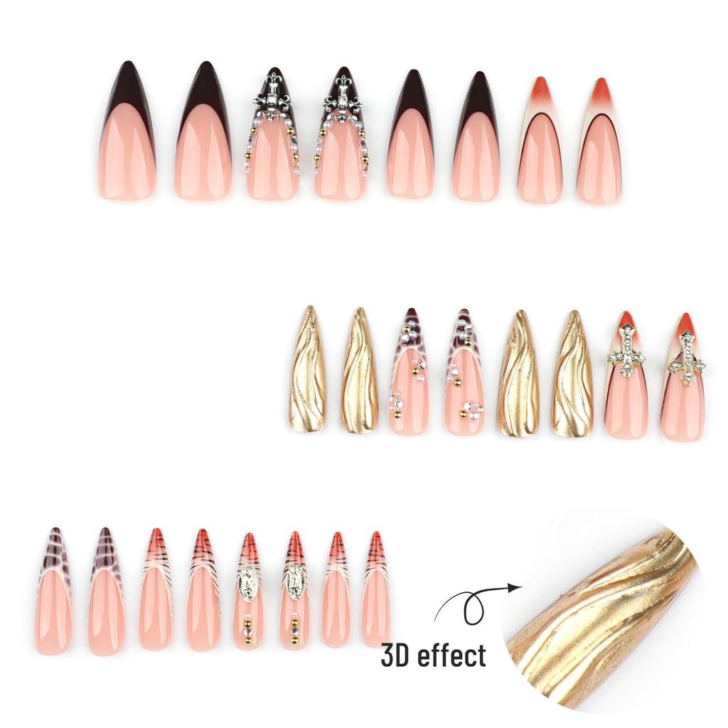 Ongles French Léopard Imprimé Strass Stiletto Longs 3D - Faux Ongles Finition Super Brillante