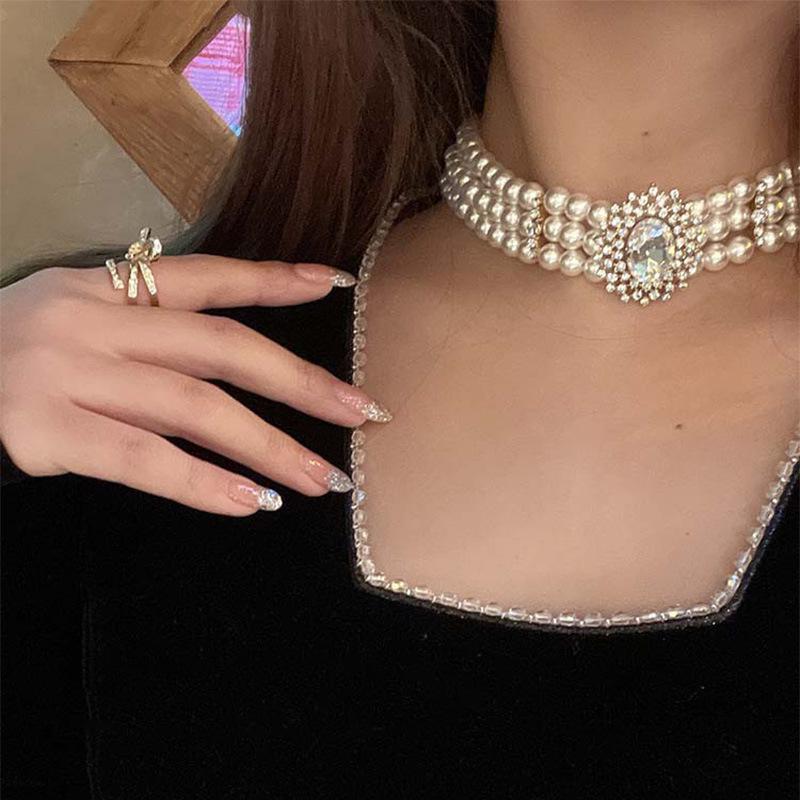 Retro Court Style Double Layer Pearl & Diamond Necklace - Elegant Choker for Women