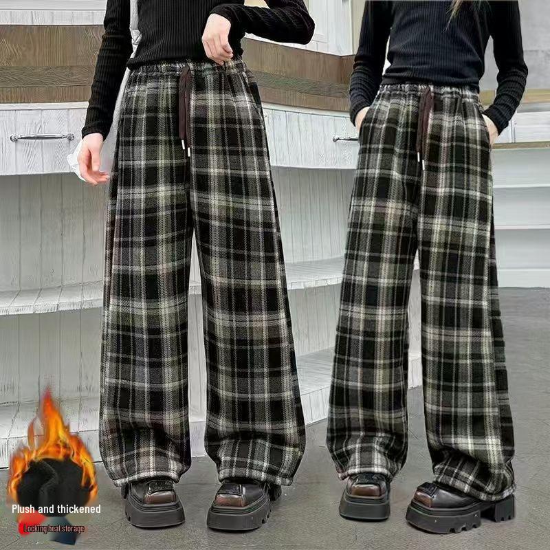 2025 Autumn/Winter Girls' Fashion Plaid Wide-Leg Barrel Pants - Stylish Casual Trousers for Kids