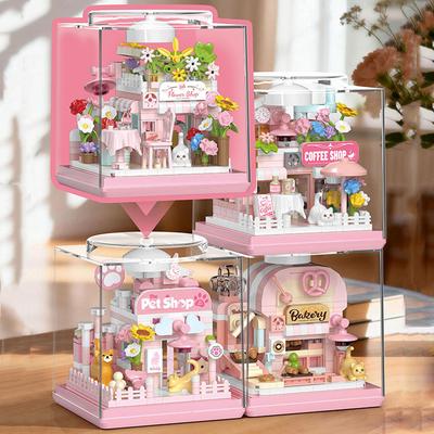 Animation Animal Micro Diamond Block Cat Flower Coffee Pets Shop Bakery 3D Wall Construction Brick Idea Plaything With Light Nanobricks