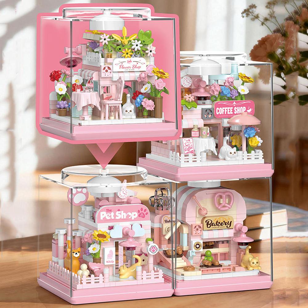 Cartoon Animal Micro Diamond Block Cat Flower Coffee Pets Shop Bakery 3D Wall Building Brick Idea Toy With Light Nanobricks